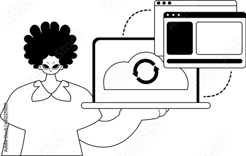 The Man with the browser that synchronizes the datum . Cloud storehouse theme . black and ashen line art. Trendy style, Vector Illustration