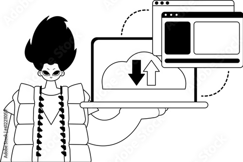 The Man with the browser that synchronizes the datum . Cloud storehouse theme . Black and ashen line art. Trendy style, Vector Illustration