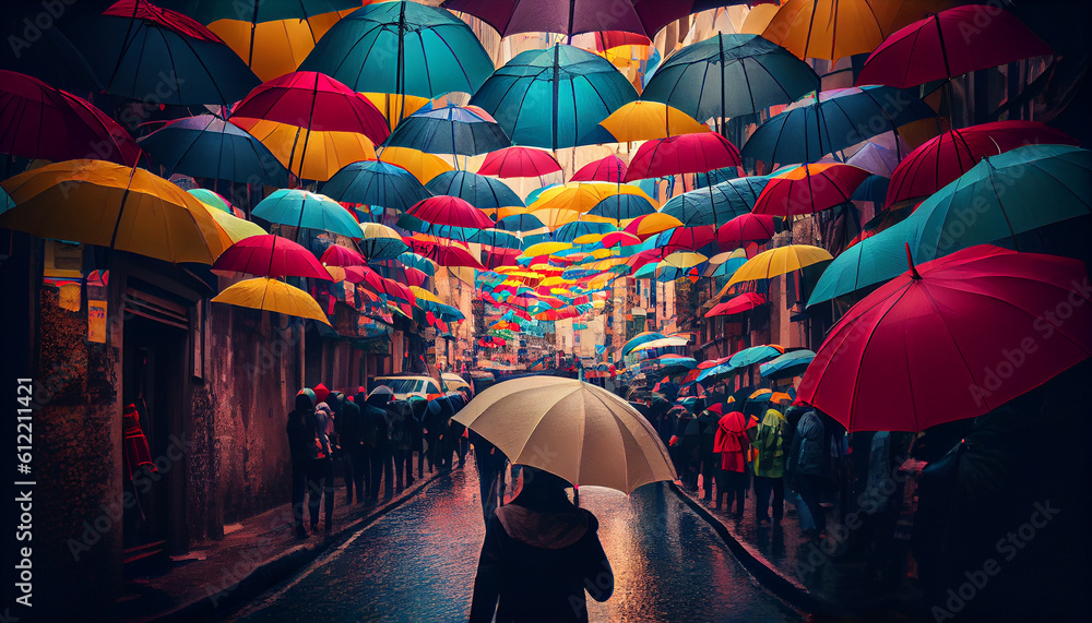 colorful umbrella open in the crowded street on the street Generative AI