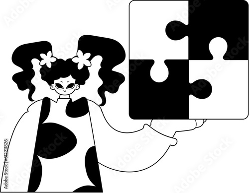 daughter with a puzzle in her hand . black and whiten line art. Trendy style, Vector Illustration