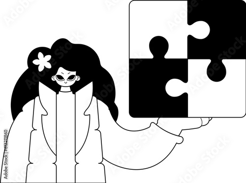 daughter with a puzzle in her hand . black and whiten agate line artwork. Trendy style, Vector Illustration
