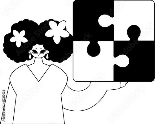 daughter with a perplex in her hand . black and whiten agate wrinkle artwork. Trendy style, Vector Illustration