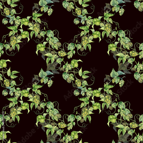 Hop vine, plant humulus watercolor seamless pattern isolated on black background. Hop on brunch with leaves, hop cones hand drawn. Design element for wrapping, label, packaging, paper, textile
