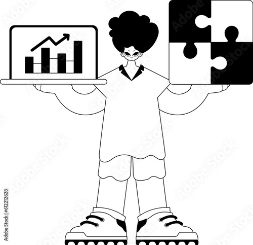 A world with a perplex in her hand and a graph of moral effect increase . sum darkness and White line art. Trendy style, Vector Illustration