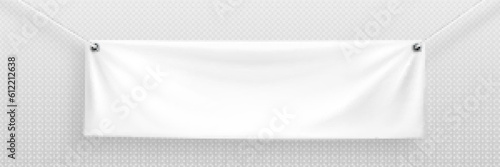 White realistic hang blank fabric horizontal canvas banner sign vector on rope for advertising. 3d empty textile material poster mockup set isolated on transparent background. Hanging cloth signboard