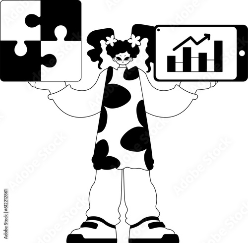 A girlfriend with a perplex in her hand and a graph of dynamic emergence . black and White course artwork. Trendy style, Vector Illustration
