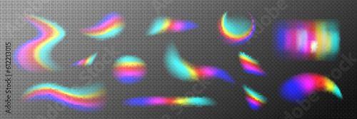 Rainbow holographic refraction prism light overlay on transparent background. Crystal glass flare texture with neon hologram glow. Optical blurred abstract iridescent dreamy gradient diffraction