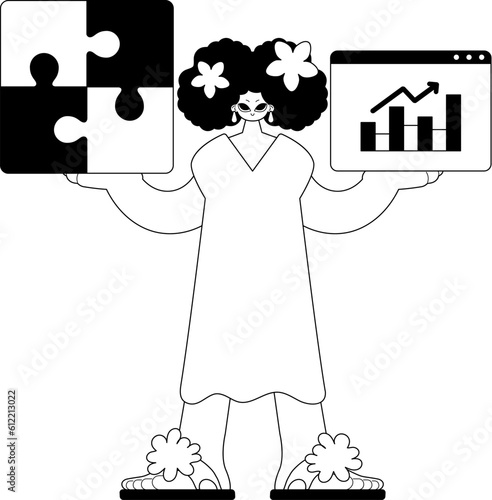 A girlfriend with a complicate in her handwrite and a graph of moral force emergence . bootleg and white run artwork. Trendy style, Vector Illustration