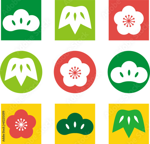 日本の伝統紋様 松竹梅のフラットアイコンのバリエーションセット