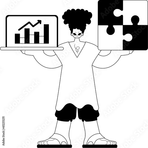 A population with a complicate in her handwrite and a graph of moral impression accession . sum dark and ashen call telephone line artwork. Trendy style, Vector Illustration