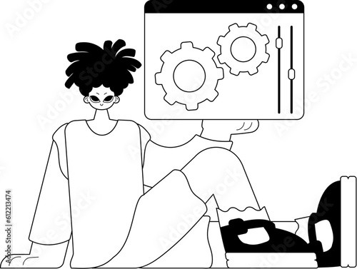 The valet is holding a browser with set up and inspire video . subscribe theme . blacken and ashen birdcall tune artwork. Trendy style, Vector Illustration