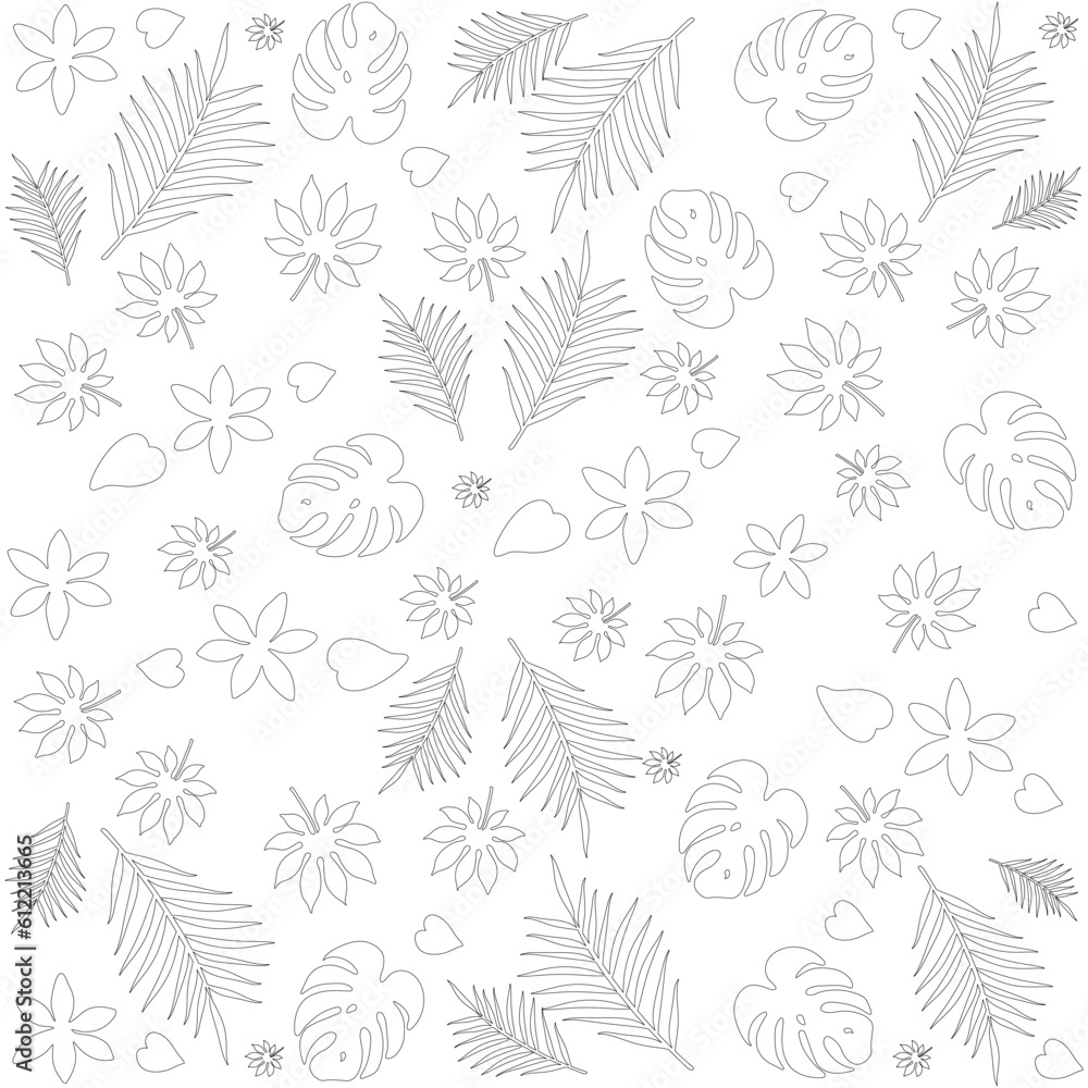 Fototapeta premium Line black pattern with tropical flowers and leaves. Vector illustration. Background, wallpaper, paper, texture, textile, drawing book.