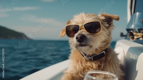 Dog in sunglasses has fun with a drink on a yacht. Funny animal summer concept sea background. Generative ai. © Aiakos