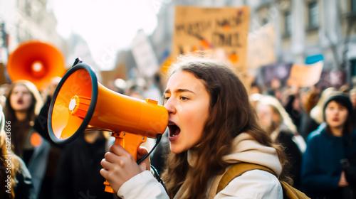 Young climate protestor yelling into a megaphone at a climate march. Concept of youth standing up for the climate. Shallow field of view, illustrative Generative AI. Not real people. © henjon