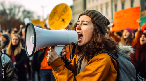 Young climate protestor yelling into a megaphone at a climate march. Concept of youth standing up for the climate. Shallow field of view, illustrative Generative AI. Not real people.