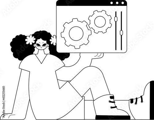 The girl is holding a browser with context and repair picture . support theme . black and ashen telephone line art. Trendy style, Vector Illustration