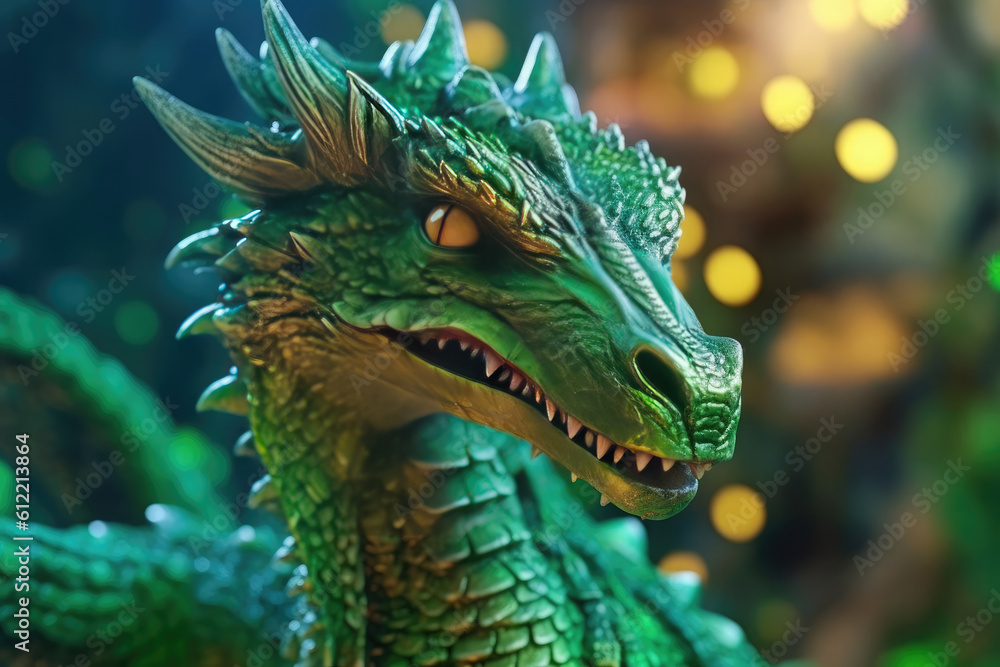 Green wooden dragon against a blurred green background and golden bokeh. Mythological, fantastic beast.. .Symbol of 2024. Chinese New Year. Generative AI. Green wooden dragon against a blurred green background and golden bokeh. Mythological, fantastic beast.. .Symbol of 2024. Chinese New Year. Generative AI.