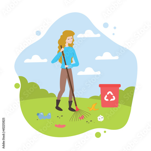 Female in protective clothes and shoes standing in park and gathering trash. Volunteers taking care of environment. Waste recycling, clean planet concept. Flat vector illustration