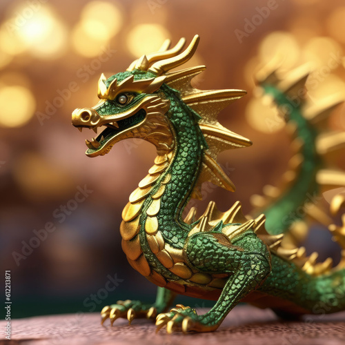 Statuette of a green wooden dragon against a background of golden festive bokeh.Symbol of 2024. Chinese New Year. Generative AI.