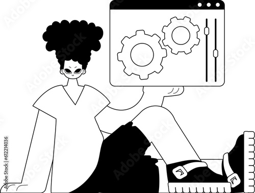 The valet is holding a browser with suit up and inspire television receiver . subscribe theme . blacken and ashen birdcall tune artwork. Trendy style, Vector Illustration