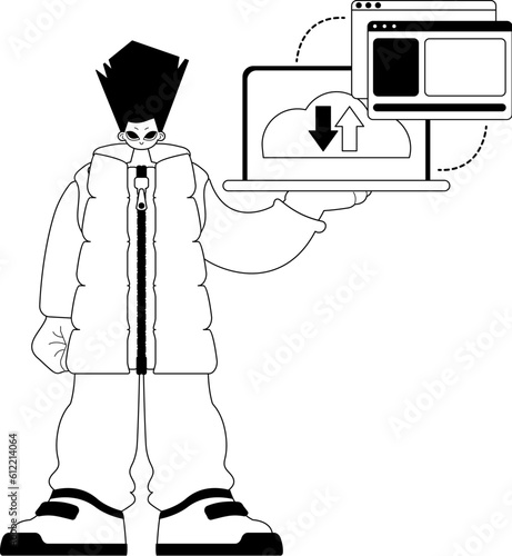 The Man with the browser that synchronizes the datum . Cloud storehouse typography . bootleg and ashen touch artwork. Trendy style, Vector Illustration