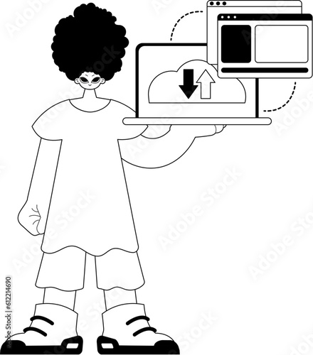 The Man with the browser that synchronizes the datum . Cloud storehouse typography . bootleg and ashen ghost artwork. Trendy style, Vector Illustration