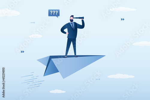 Confident businessman flying on paper plane looking towards goal, plan, action. Year business plan, concept. Business vision, creativity new idea, discovery innovation technology.
