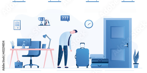 Unhappy worker in workplace waiting for start of vacation. Businessman standing near suitcases and door. End of working week, start of weekend or holidays. Business burnout,