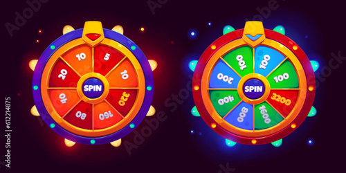 Ui game lucky wheel fortune spin for win prize vector design. Free gift turn fortuna and luck. Blue mobile lottery with sparkle and twinkle glow collection. Vegas leisure jackpot element to play set