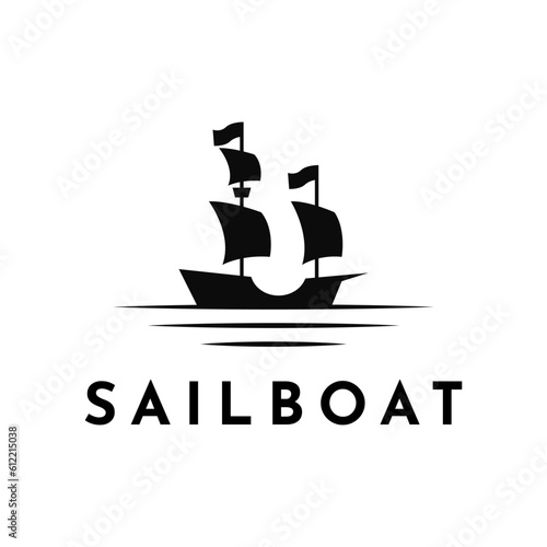 Simple sailboat sailing ship in Sea Ocean Wave, Simple sailboat vector silhouette logo design template