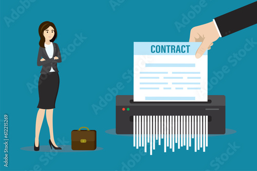 Contract is destroyed in paper shredder machine. Information protection. Sad businesswoman looks at cancellation of job contract or collapse of deal. Failure agreement, refuse job offer.