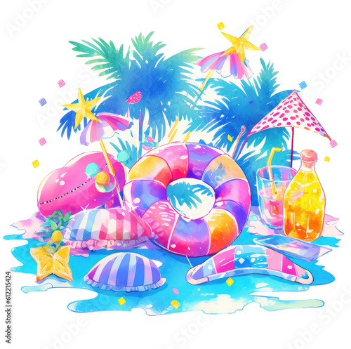 Summer pool clipart, watercolor pencil sketch on white background