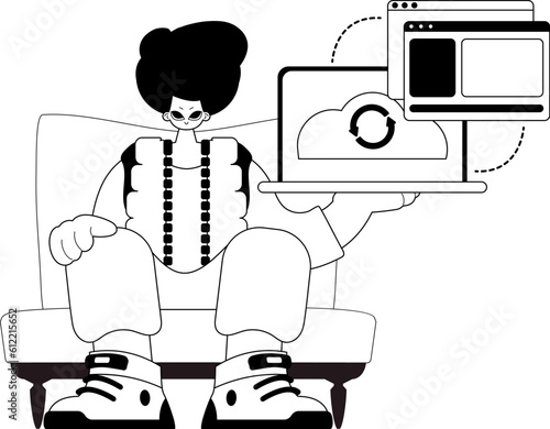 The Man with the browser that synchronizes the datum . Cloud storehouse typography . bootleg and ashen touch artwork. Trendy style, Vector Illustration