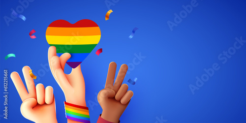 Rising multiethnic Hands celebrate pride month on LGBT rainbow flag background. People's rights movement, diversity concept.