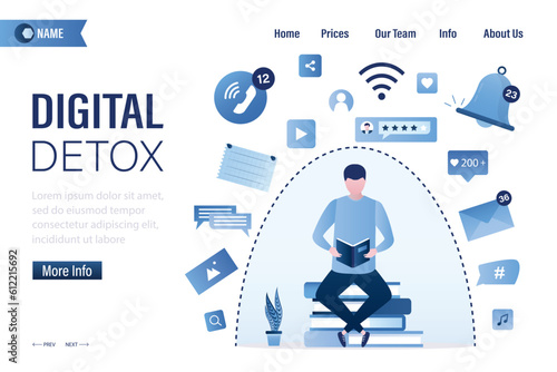 Smart man sitting on pile of books and read. Businessman turned off smart gadgets, digital detox, landing page. No using mobile phone. Freedom from internet, smartphones and social media.