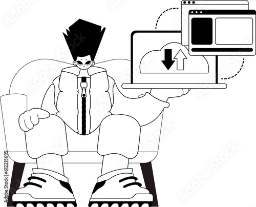 The Man with the browser that synchronizes the datum . Cloud storehouse typography . bootleg and ashen touch artwork. Trendy style, Vector Illustration