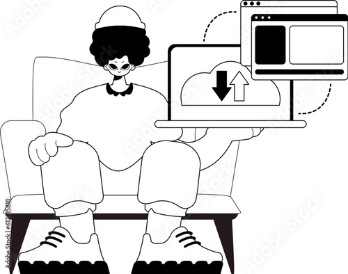 The Man with the browser that synchronizes the datum . Cloud storehouse typography . bootleg and ashen touch artwork. Trendy style, Vector Illustration