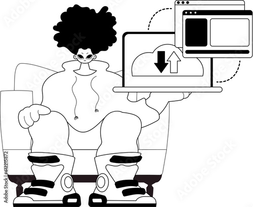 The Man with the browser that synchronizes the datum . Cloud storehouse typography . bootleg and ashen touch artwork. Trendy style, Vector Illustration