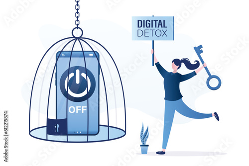 Woman user turn off smartphone. Smart gadget locked into birdcage. Off button on cell phone screen. Digital detox. Happy girl no using mobile phone. Freedom from internet and social media.