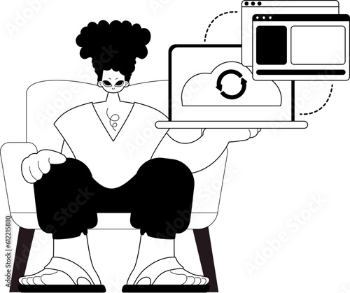 The Man with the browser that synchronizes the datum . Cloud storehouse typography . bootleg and ashen touch artwork. Trendy style, Vector Illustration
