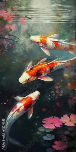 Colourful Koi garden with blossoming flowers background , wallpaper , screen on mobile , Created with generative AI
