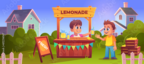 Happy children at lemonade stand in summer yard. Vector cartoon illustration of boys selling and buying cool citrus drink on hot sunny day in rural area. Neighbor houses, green backyard, blue sky