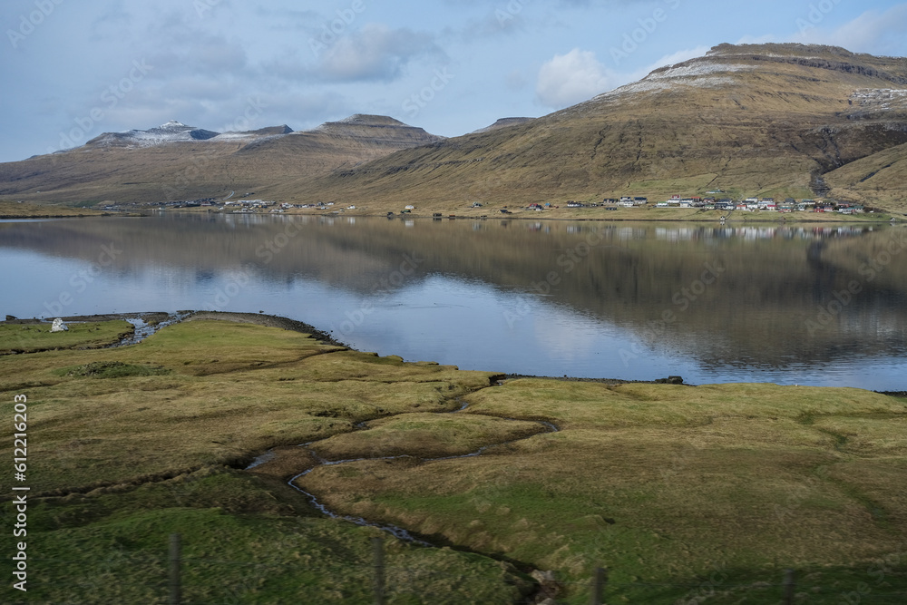 Beautiful landscape nature scenery of Faroe Islands, Denmark in Atlantic Ocean for serenity, quiet and peaceful adventure trekking outdoor holiday vacation for climbing and hiking