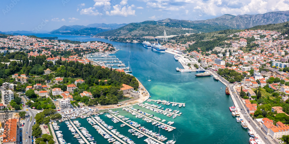 Dubrovnik marina and harbor at Mediterranean sea vacation Dalmatia aerial photo view panorama in Croatia