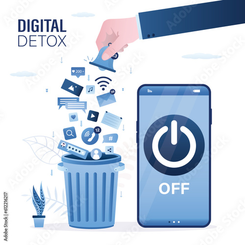 User hand turn off smartphone and throw social media signs in trash can. Off button on cell phone screen. Digital detox concept. No using mobile phone, smart gadget. Freedom from internet