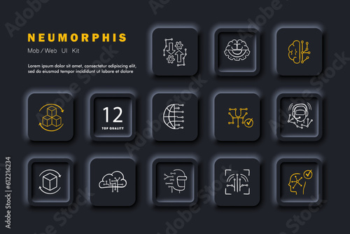 Artificial Intelligence. A field of computer science that focuses on creating intelligent machines capable of simulating human intelligence. Neomorphism. Vector line icon for Business