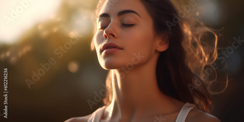 Close up of attractive lady meditating in nature. Generative AI illustration