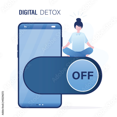 Tired girl user turn off smartphone. Digital detox concept. Business woman sitting on big slider button and relaxing in lotus yoga pose. No using smart gadgets. Freedom from interne