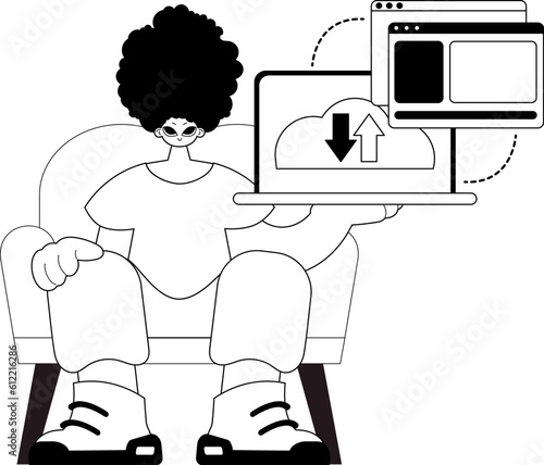 The Man with the browser that synchronizes the datum . Cloud storehouse typography . bootleg and ashen equal artwork. Trendy style, Vector Illustration