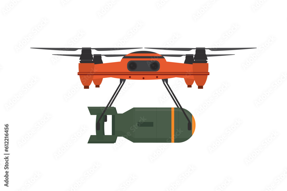 Radio-controlled quadrocopter for delivery and bombardment of enemy positions. New technology on war. Drone with bomb or weapons. Air transport with remote control. Radio-controlled quadrocopter for delivery and bombardment of enemy positions. New technology on war. Drone with bomb or weapons. Air transport with remote control.